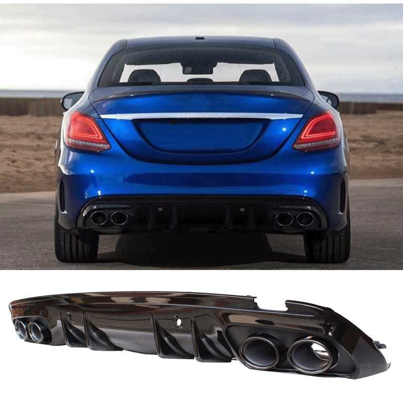 Diffuser compatibel met Mercedes W205 S205 AMG line dubbele zwarte ronde uitlaatsierstukken