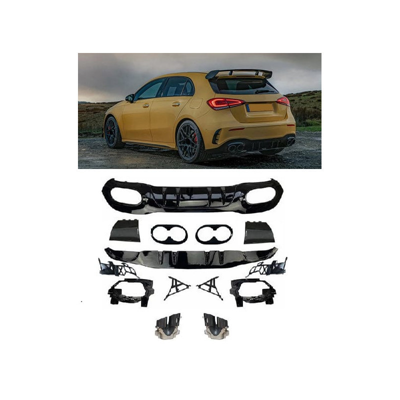 (PARTIE) Diffuseur compatible avec Mercedes classe A W177 hatchback 2019+ double embouts d'échappement ronds noirs