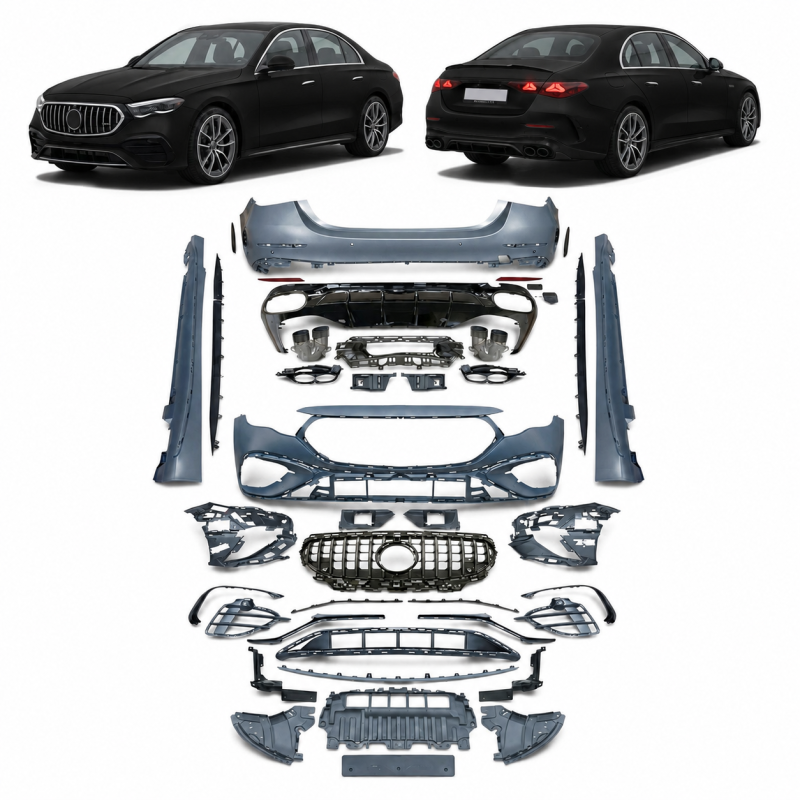Mercedes E-luokan W214 Sedan 2023+ -mallin korisarja, AMG-tyylinen, Panamericana-etusäleiköllä ja pakoputken koristeosilla | Ilm
