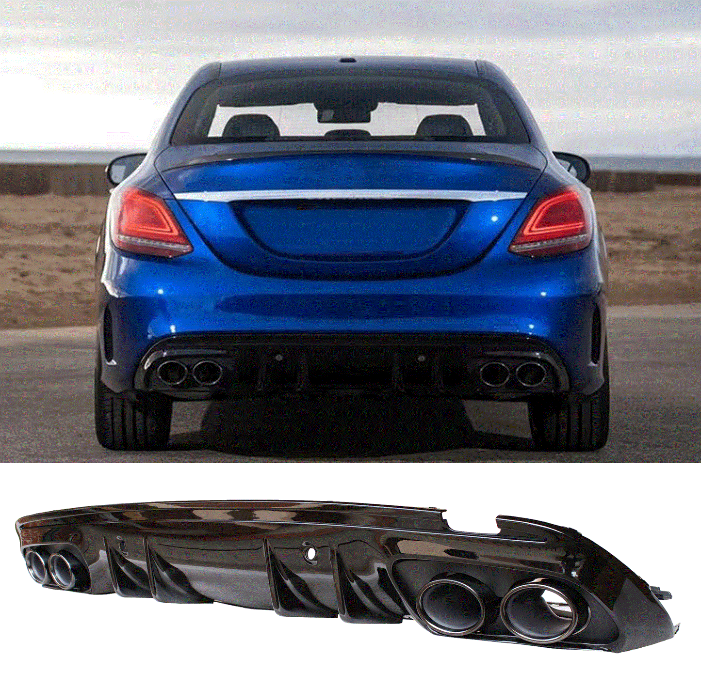 Diffuser compatible with Mercedes W205 S205 AMG line double black red exhaust tips