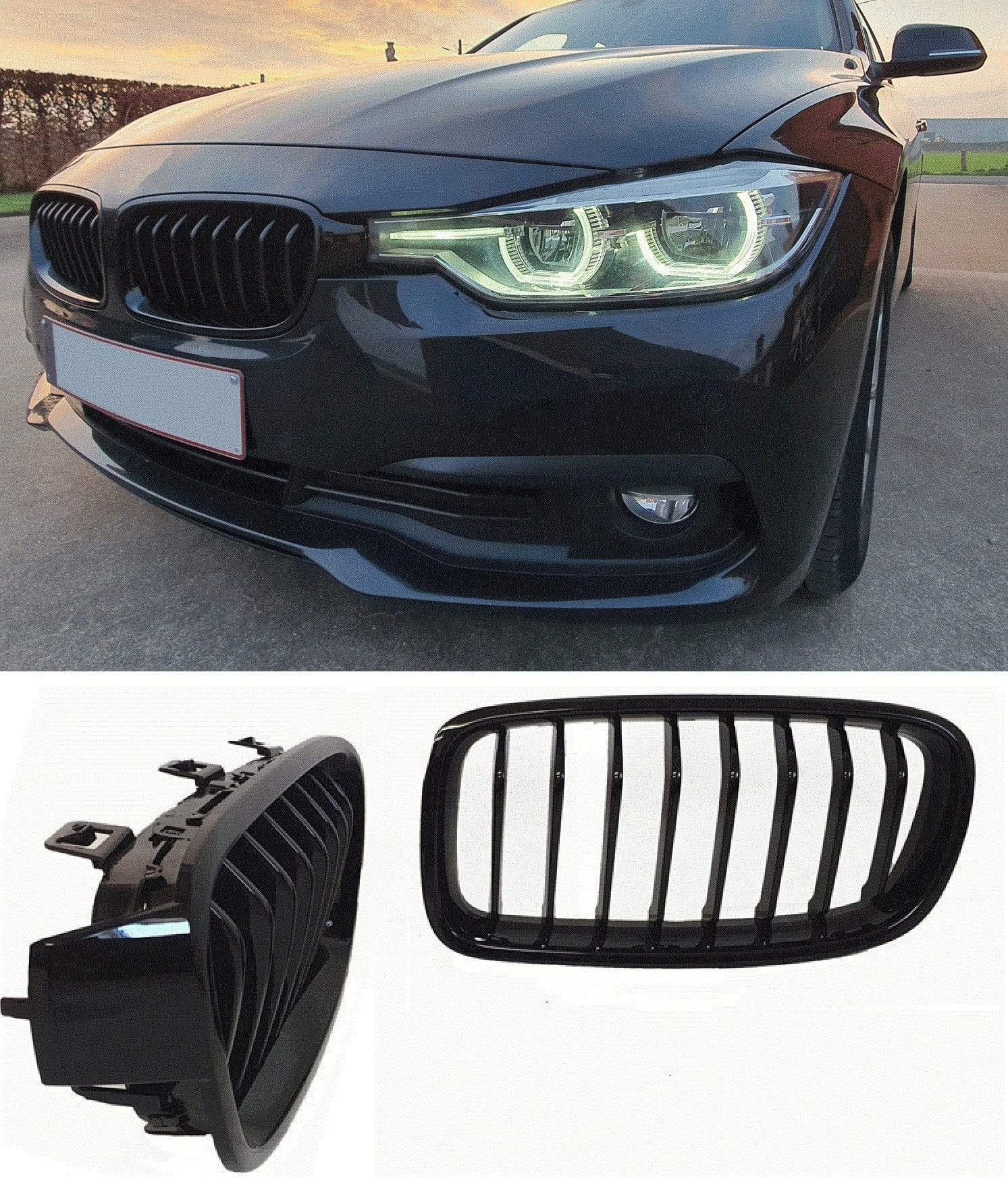 Grill Grill nieren compatibel met BMW 3 serie F30 - F31 glanzend zwart enkele spijlen