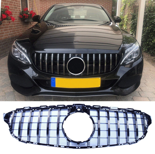 Grill compatible with Mercedes-Benz C class W205 - provision for 360° camera black with chrome